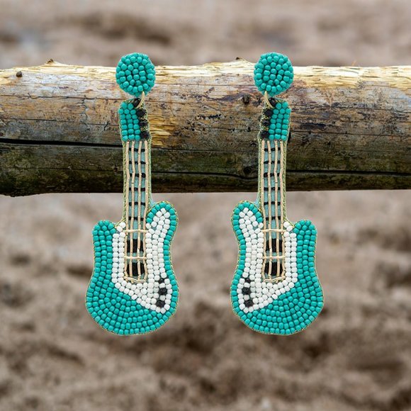 Turquoise Blue Seed Beaded Rocker Chic Guitar Statement Earrings NEW - Picture 2 of 4